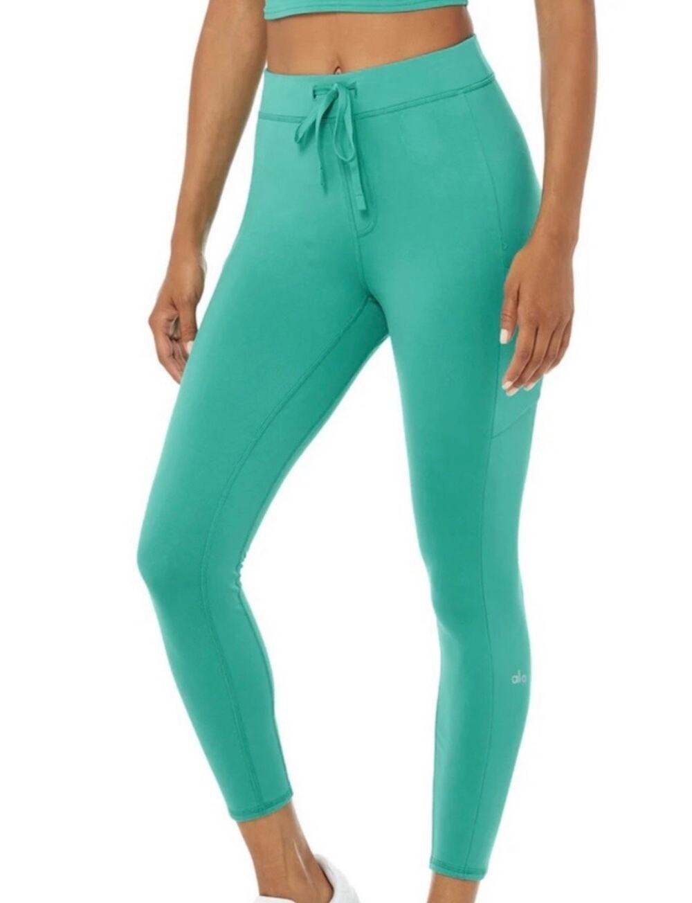 Alo Yoga Checkpoint High Waist Leggings Ocean Teal Drawstring Size L Pockets